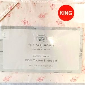 Shabby Chic Cottage Farmhouse KING sheet set peach pink ribbon & roses floral